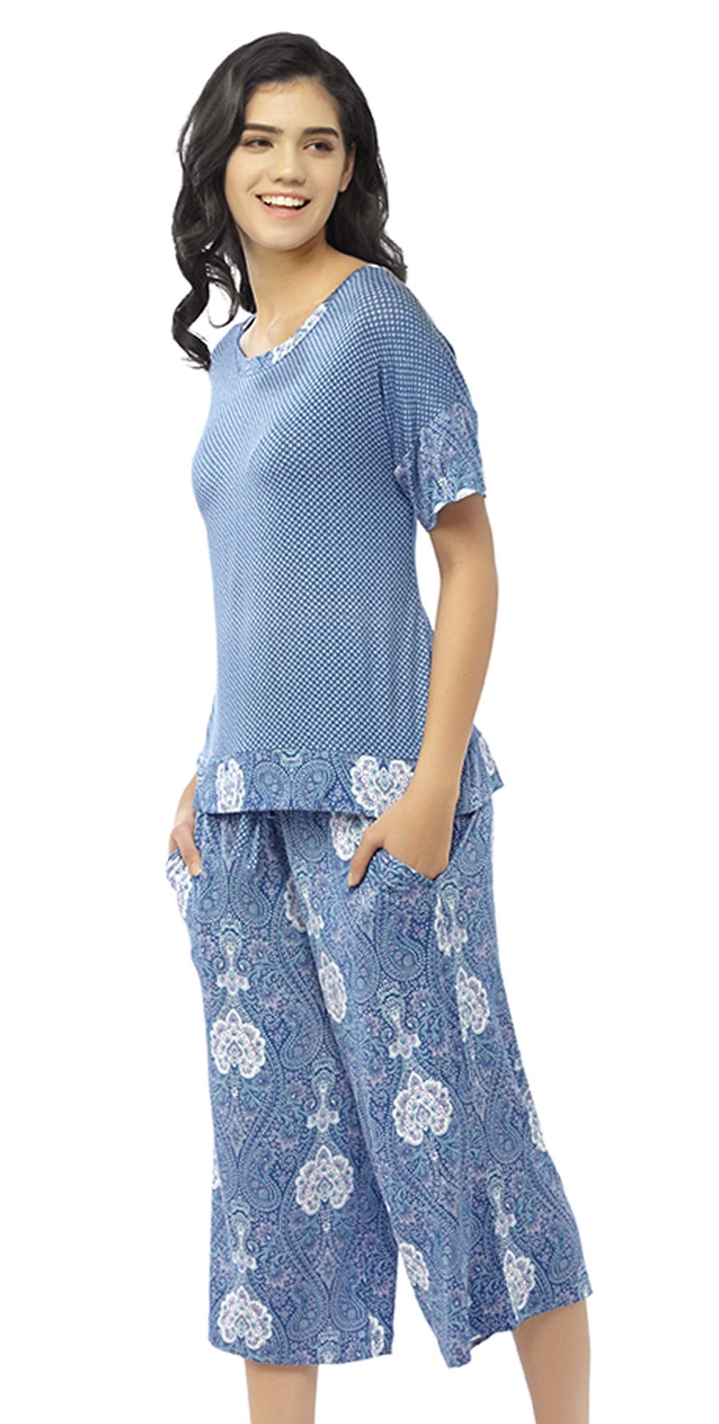 Mayfair Womens Medium Blue White Floral Lounge Capri Pajama Pants