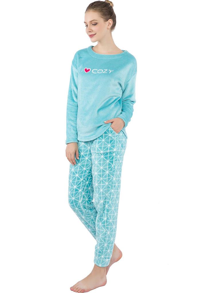 Womens Fleece Pajamas Set, Plush Lapel V Neck Long Sleeve Pocket Tops  Pajama Pants Soft 2 Piece Outfits Pajama Suit